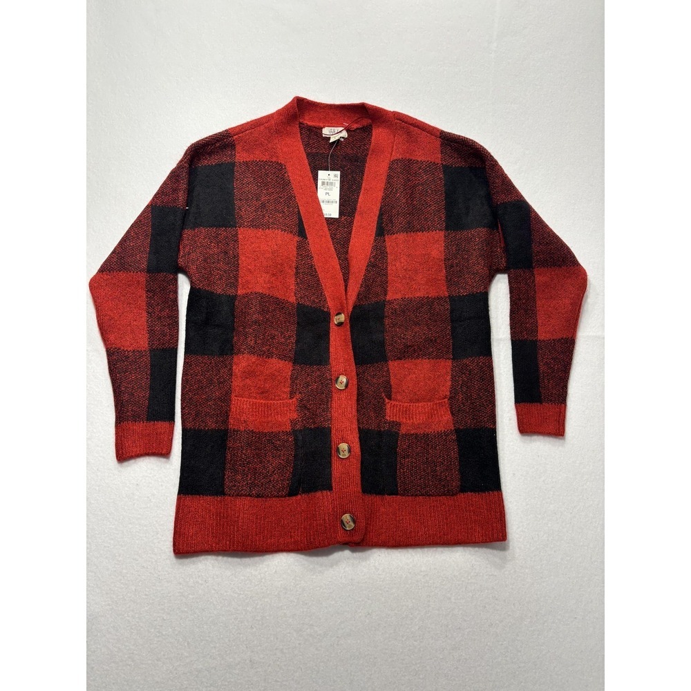 Style&co. Cardigan Womens PL Red Buffalo Plaid Chunky Knit Button Front Pockets